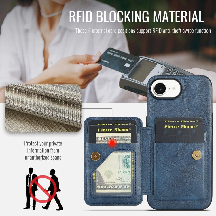 For iPhone 17e / 16e Fierre Shann Oil Wax Cow Leather Card Holder Back Phone Case(Blue)