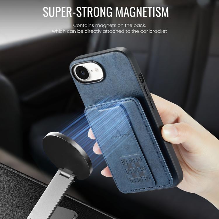 For iPhone 17e / 16e Fierre Shann Oil Wax Cow Leather Card Holder Back Phone Case(Blue)