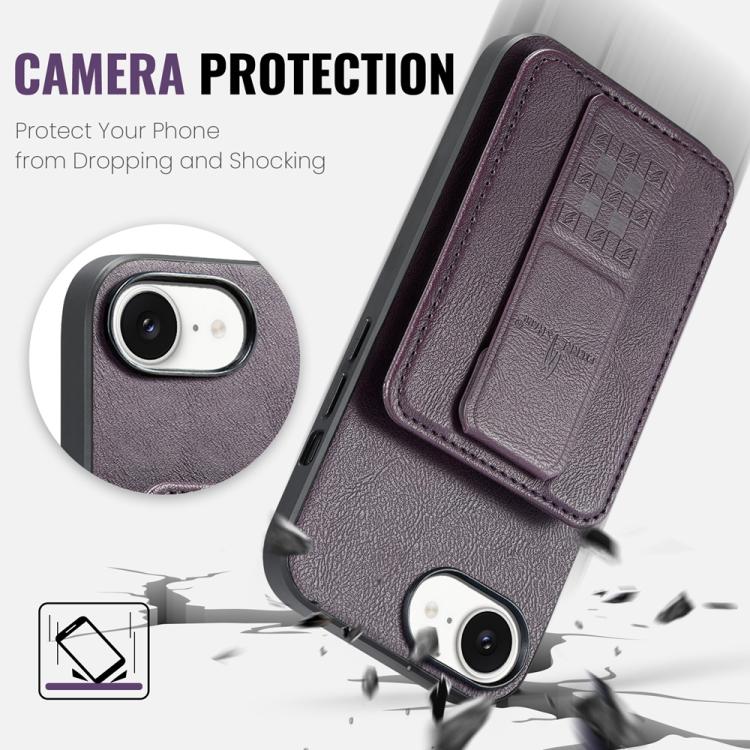 For iPhone 17e / 16e Fierre Shann Oil Wax Cow Leather Card Holder Back Phone Case(Purple)