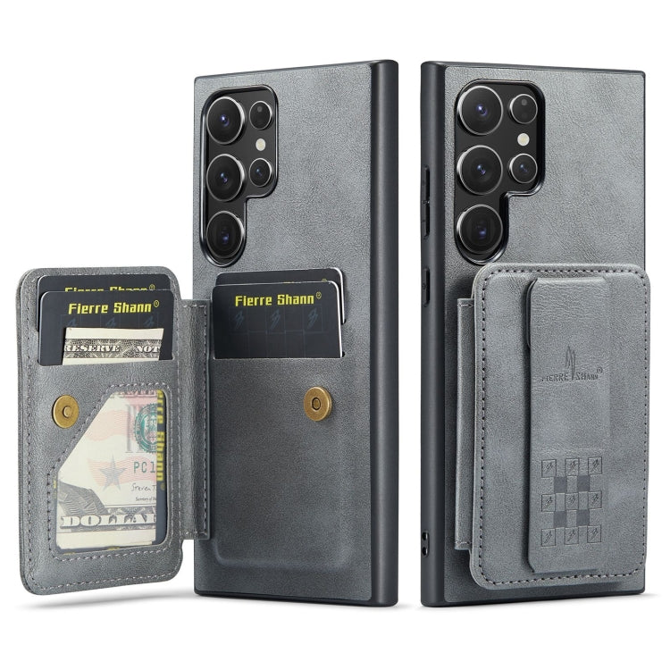 For Samsung Galaxy S23 Ultra 5G Fierre Shann Oil Wax Cow Leather Card Holder Back Phone Case(Grey)