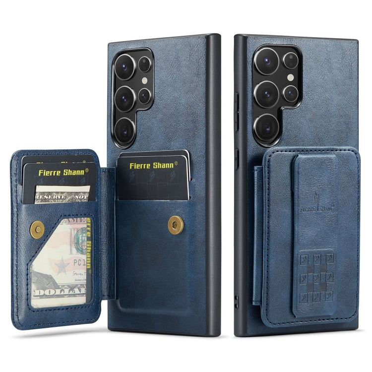 For Samsung Galaxy S23 Ultra 5G Fierre Shann Oil Wax Cow Leather Card Holder Back Phone Case(Blue)