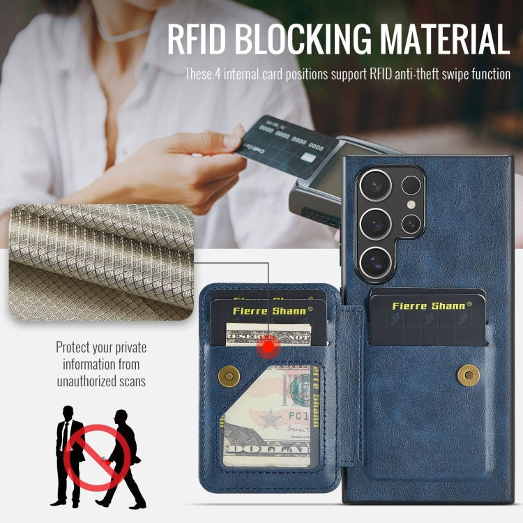 For Samsung Galaxy S23 Ultra 5G Fierre Shann Oil Wax Cow Leather Card Holder Back Phone Case(Blue)
