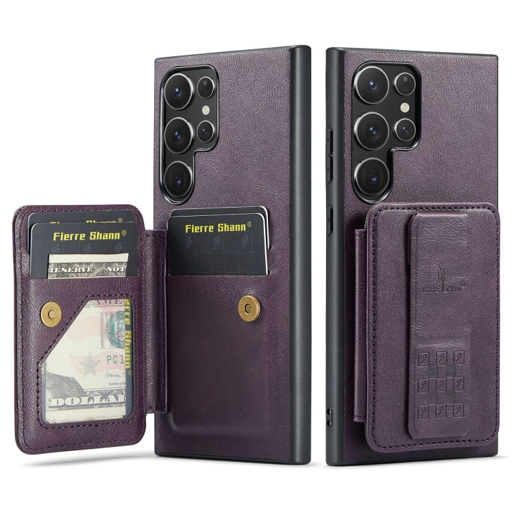 For Samsung Galaxy S23 Ultra 5G Fierre Shann Oil Wax Cow Leather Card Holder Back Phone Case(Purple)