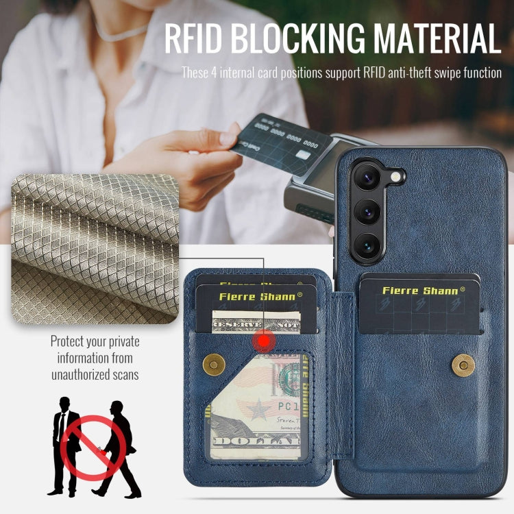 For Samsung Galaxy S23+ 5G Fierre Shann Oil Wax Cow Leather Card Holder Back Phone Case(Blue)