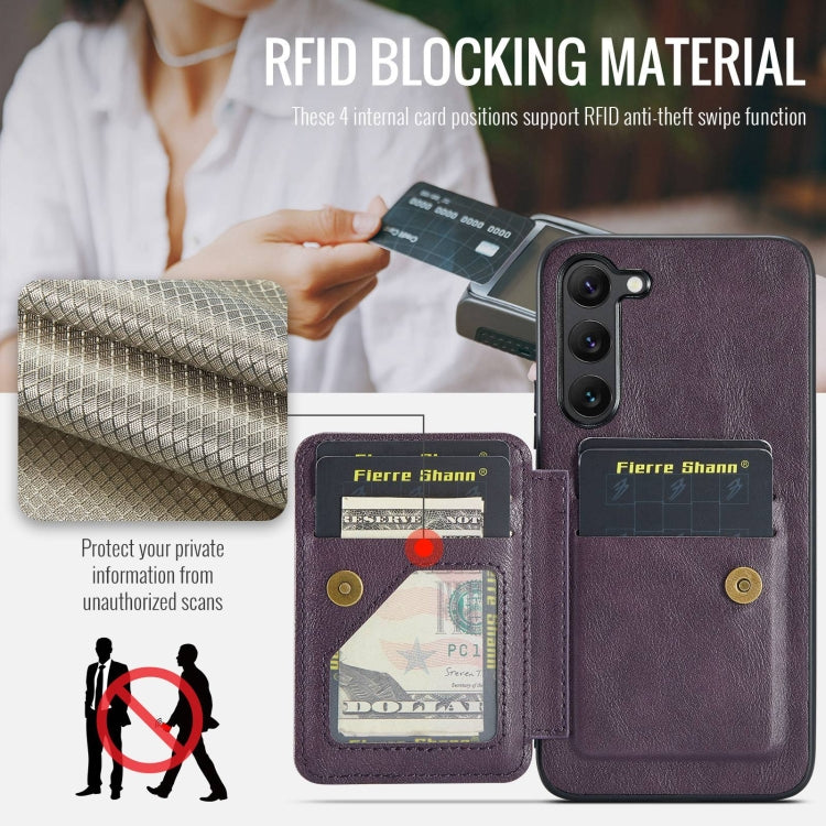 For Samsung Galaxy S23+ 5G Fierre Shann Oil Wax Cow Leather Card Holder Back Phone Case(Purple)
