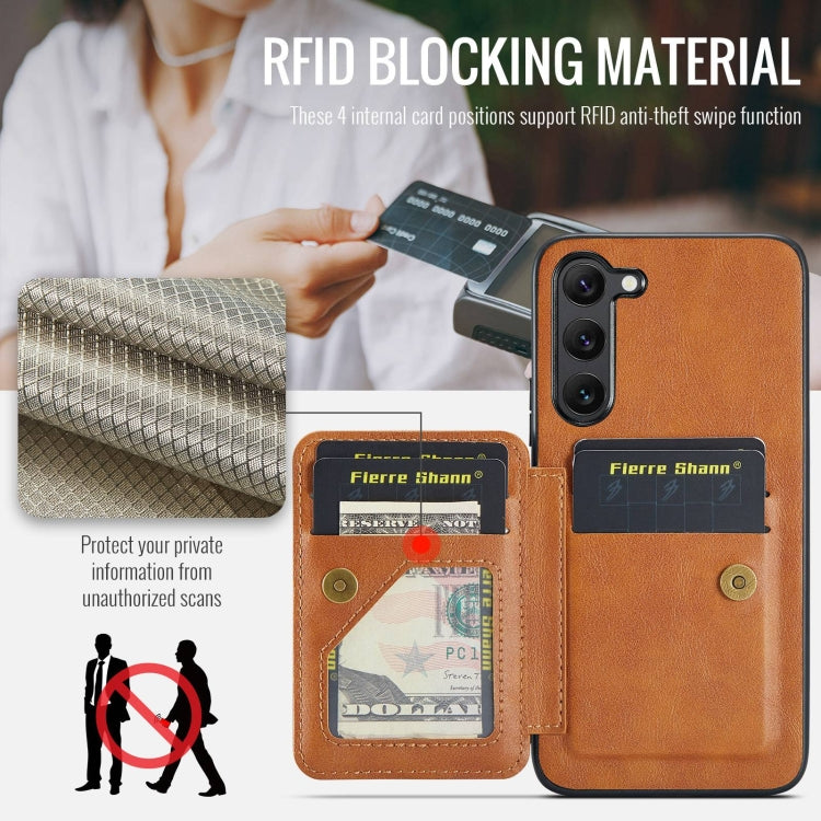 For Samsung Galaxy S23+ 5G Fierre Shann Oil Wax Cow Leather Card Holder Back Phone Case(Brown)
