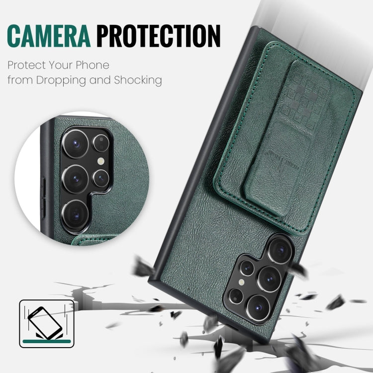 For Samsung Galaxy S22 Ultra 5G Fierre Shann Oil Wax Cow Leather Card Holder Back Phone Case(Green)