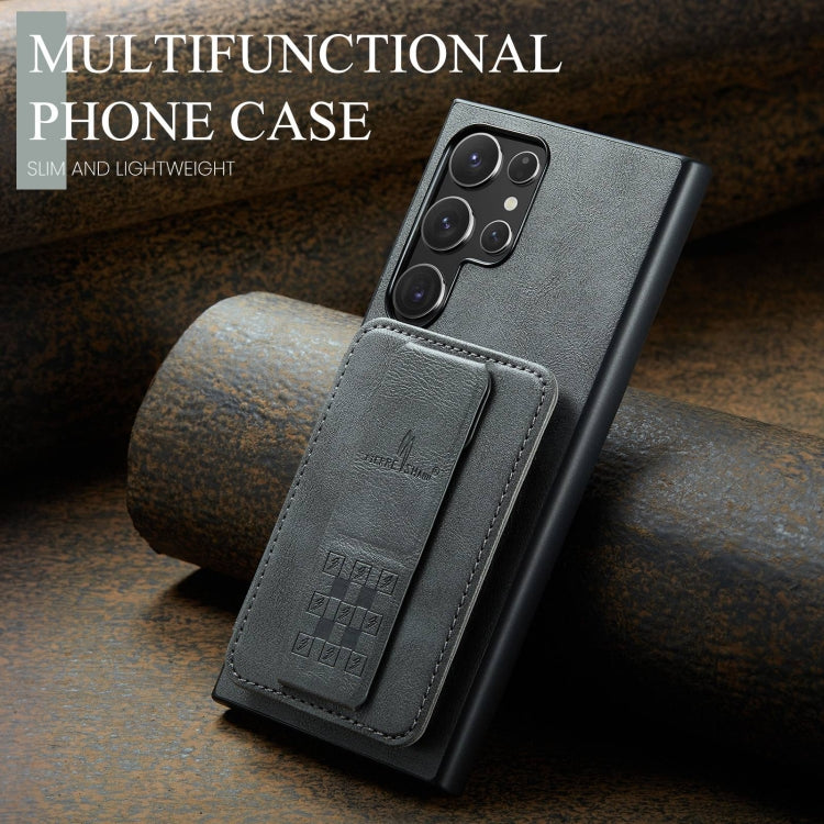 For Samsung Galaxy S22 Ultra 5G Fierre Shann Oil Wax Cow Leather Card Holder Back Phone Case(Grey)