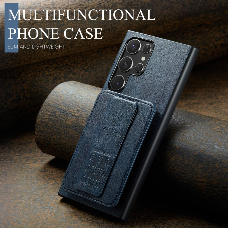 For Samsung Galaxy S22 Ultra 5G Fierre Shann Oil Wax Cow Leather Card Holder Back Phone Case(Blue)