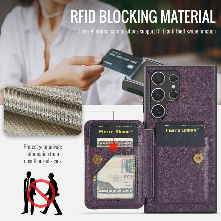 For Samsung Galaxy S22 Ultra 5G Fierre Shann Oil Wax Cow Leather Card Holder Back Phone Case(Purple)