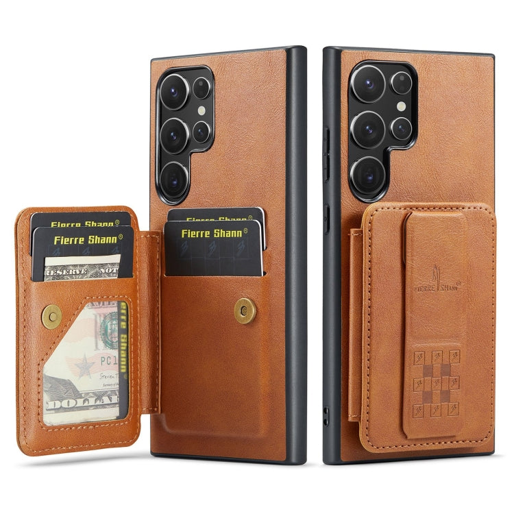For Samsung Galaxy S22 Ultra 5G Fierre Shann Oil Wax Cow Leather Card Holder Back Phone Case(Brown)