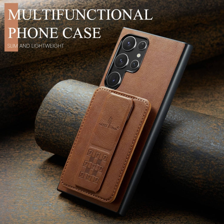 For Samsung Galaxy S22 Ultra 5G Fierre Shann Oil Wax Cow Leather Card Holder Back Phone Case(Brown)