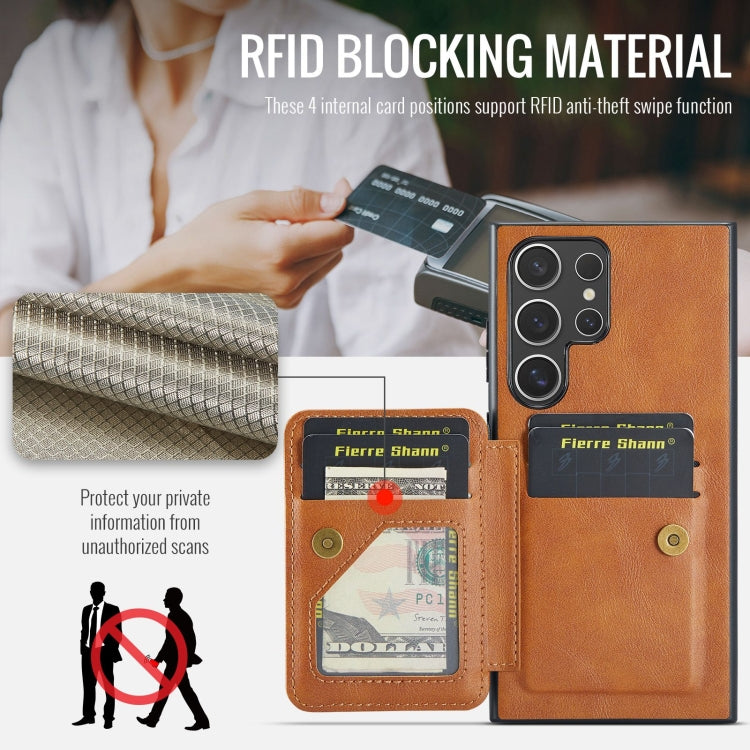 For Samsung Galaxy S22 Ultra 5G Fierre Shann Oil Wax Cow Leather Card Holder Back Phone Case(Brown)