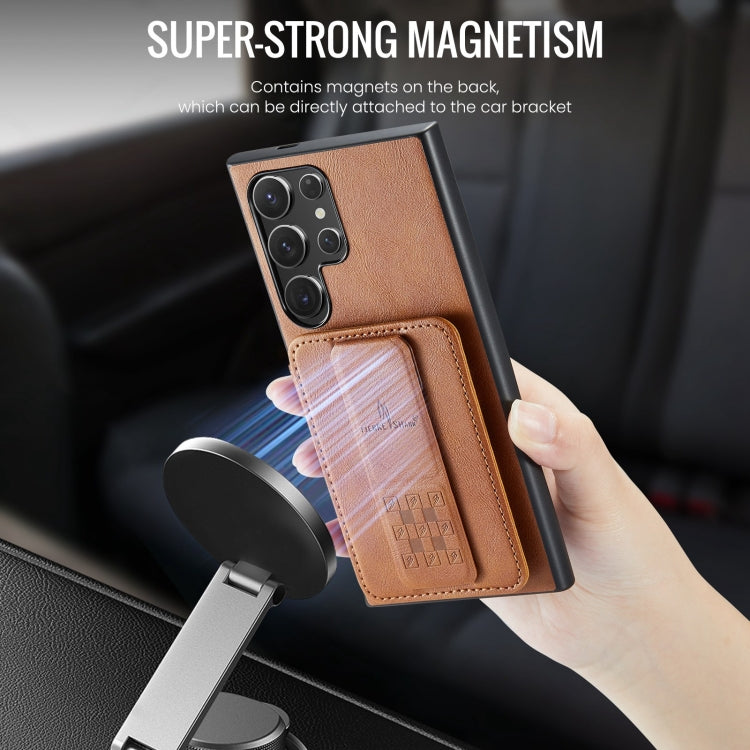 For Samsung Galaxy S22 Ultra 5G Fierre Shann Oil Wax Cow Leather Card Holder Back Phone Case(Brown)