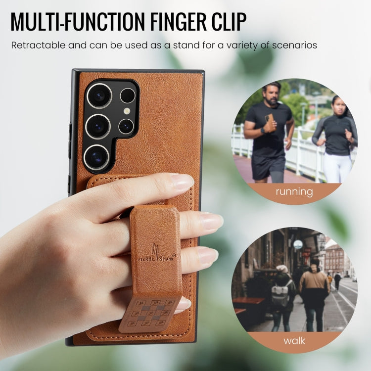 For Samsung Galaxy S22 Ultra 5G Fierre Shann Oil Wax Cow Leather Card Holder Back Phone Case(Brown)