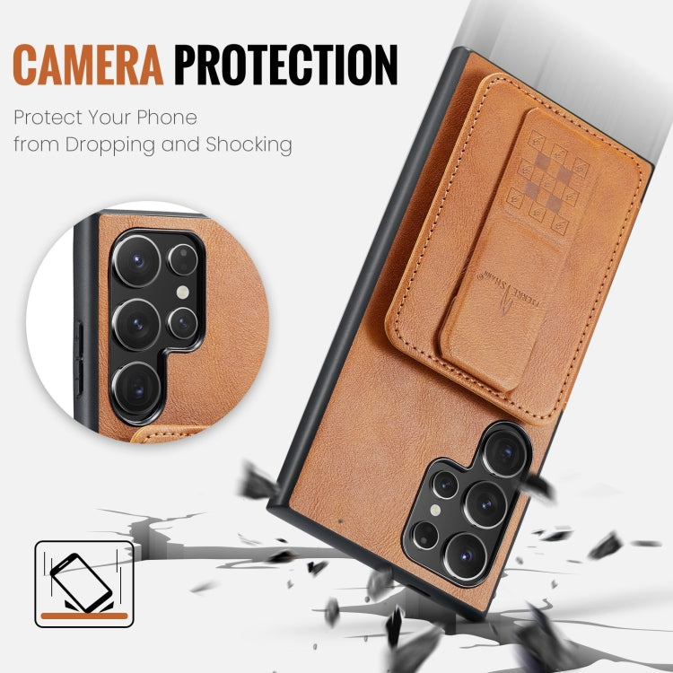 For Samsung Galaxy S22 Ultra 5G Fierre Shann Oil Wax Cow Leather Card Holder Back Phone Case(Brown)