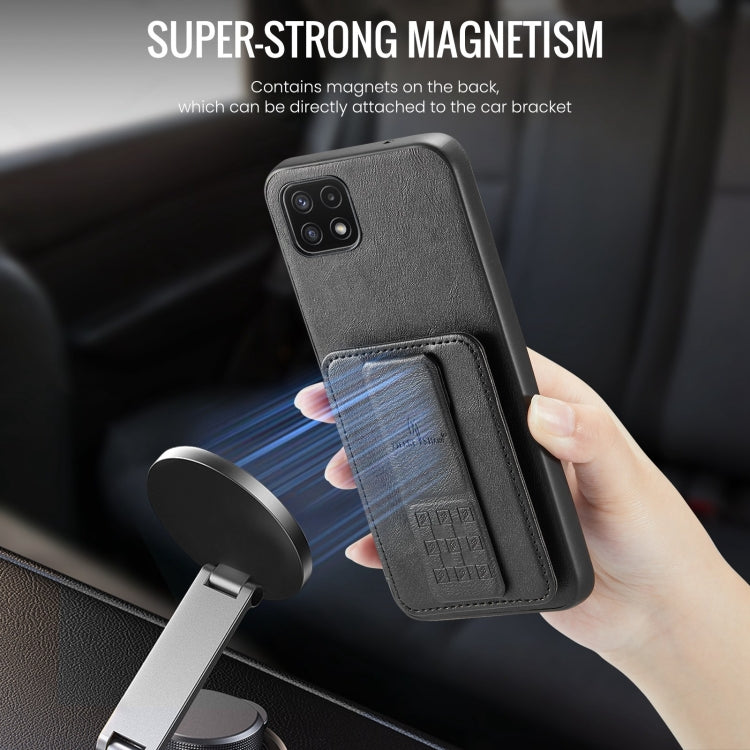 For Samsung Galaxy A22 5G Fierre Shann Oil Wax Cow Leather Card Holder Back Phone Case(Black)
