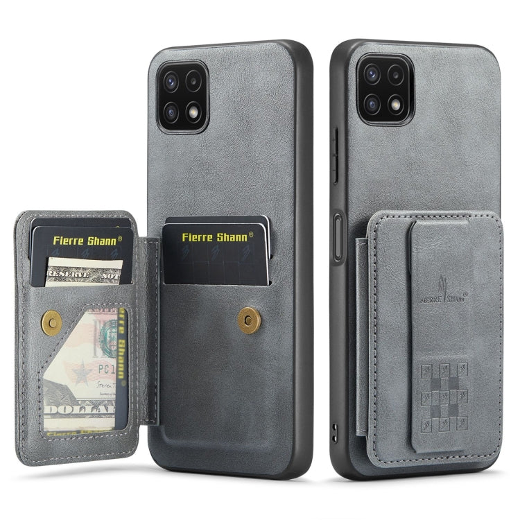 For Samsung Galaxy A22 5G Fierre Shann Oil Wax Cow Leather Card Holder Back Phone Case(Grey)