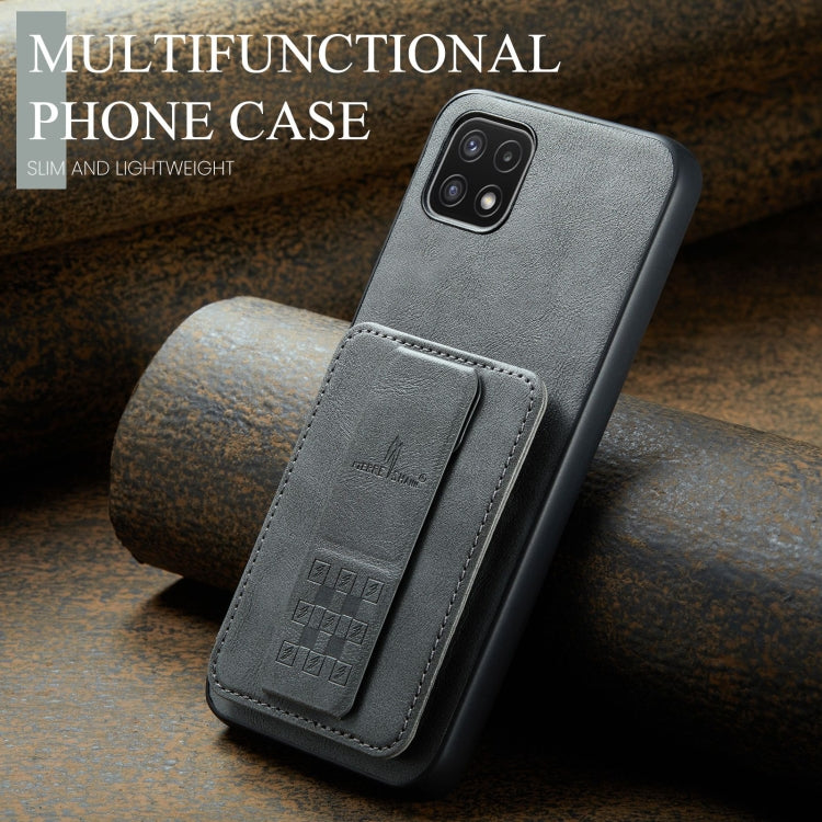 For Samsung Galaxy A22 5G Fierre Shann Oil Wax Cow Leather Card Holder Back Phone Case(Grey)