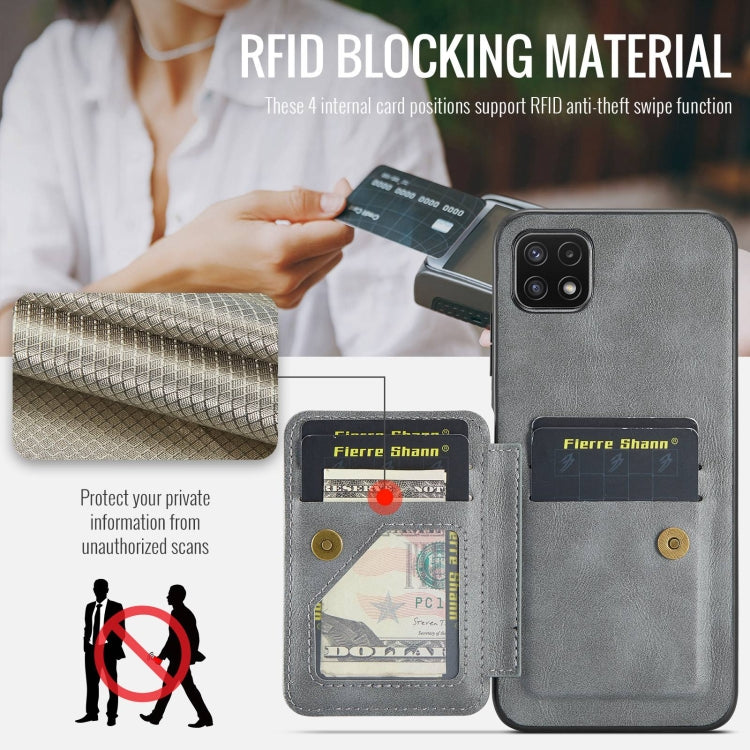 For Samsung Galaxy A22 5G Fierre Shann Oil Wax Cow Leather Card Holder Back Phone Case(Grey)