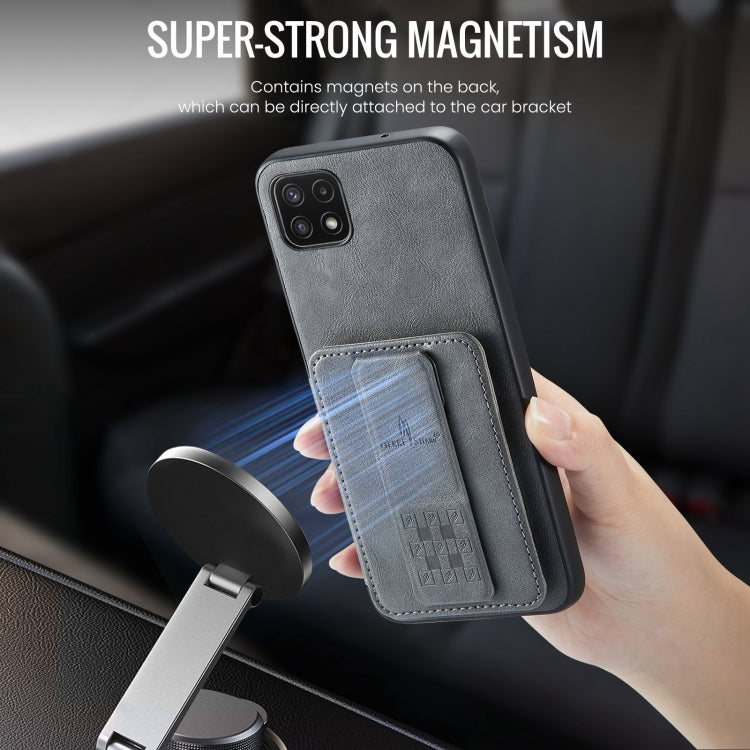 For Samsung Galaxy A22 5G Fierre Shann Oil Wax Cow Leather Card Holder Back Phone Case(Grey)