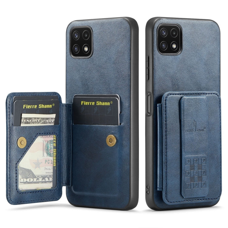 For Samsung Galaxy A22 5G Fierre Shann Oil Wax Cow Leather Card Holder Back Phone Case(Blue)