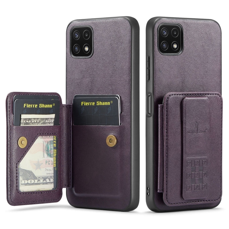 For Samsung Galaxy A22 5G Fierre Shann Oil Wax Cow Leather Card Holder Back Phone Case(Purple)