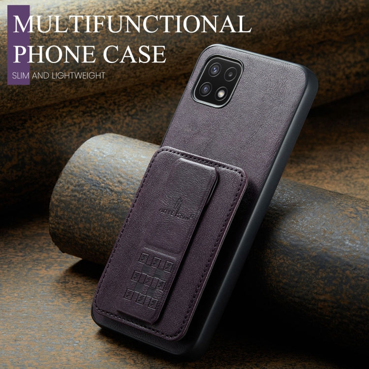 For Samsung Galaxy A22 5G Fierre Shann Oil Wax Cow Leather Card Holder Back Phone Case(Purple)