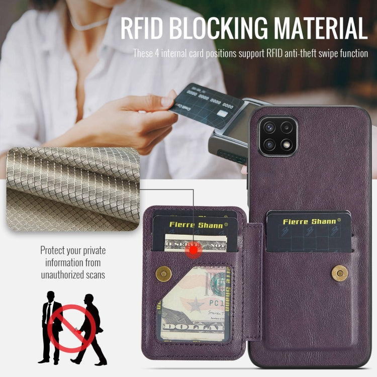 For Samsung Galaxy A22 5G Fierre Shann Oil Wax Cow Leather Card Holder Back Phone Case(Purple)