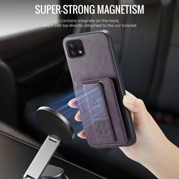 For Samsung Galaxy A22 5G Fierre Shann Oil Wax Cow Leather Card Holder Back Phone Case(Purple)