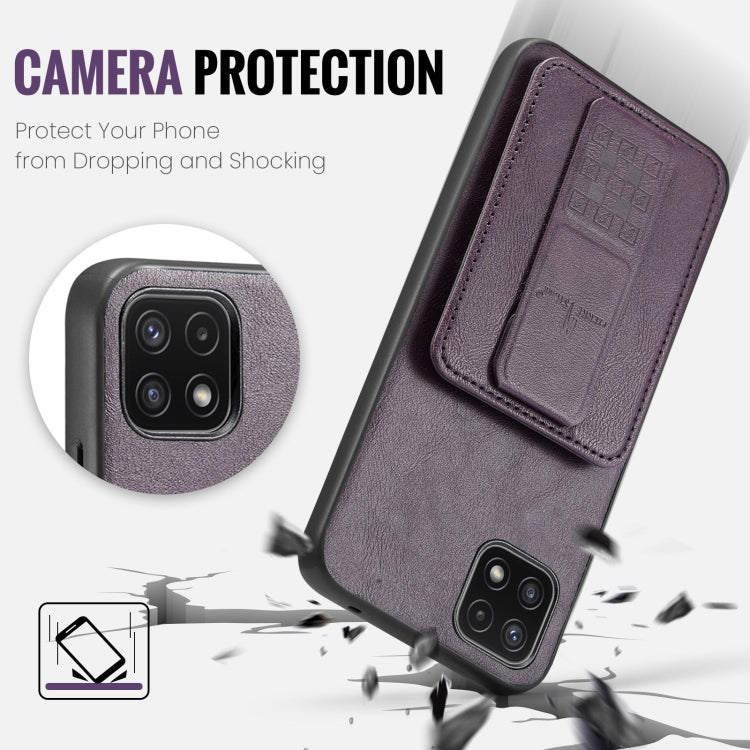 For Samsung Galaxy A22 5G Fierre Shann Oil Wax Cow Leather Card Holder Back Phone Case(Purple)