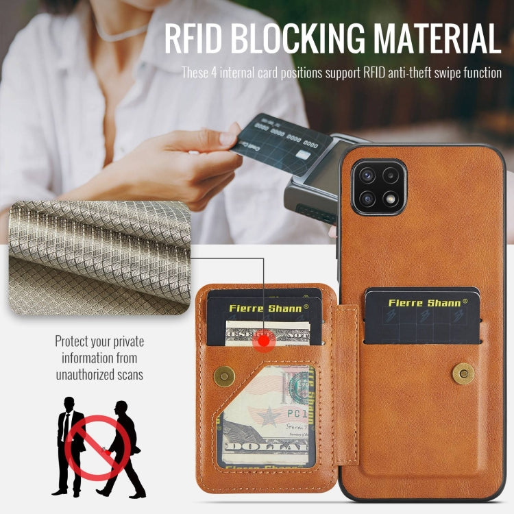 For Samsung Galaxy A22 5G Fierre Shann Oil Wax Cow Leather Card Holder Back Phone Case(Brown)