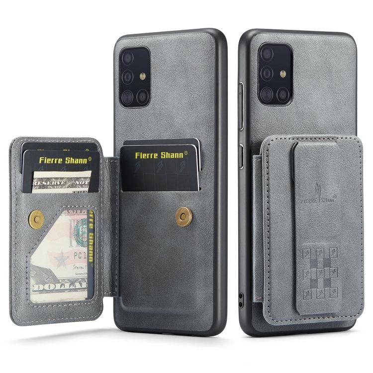 For Samsung Galaxy A51 4G Fierre Shann Oil Wax Cow Leather Card Holder Back Phone Case(Grey)