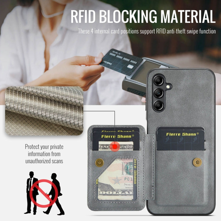 For Samsung Galaxy A55 5G Fierre Shann Oil Wax Cow Leather Card Holder Back Phone Case(Grey)