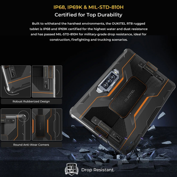 [HK Warehouse] OUKITEL RT8 4G Network IP68/IP69K Rugged Tablet, 6GB+256GB, 11 inch Android 13 MediaTek Helio G99 Quad Core Support Dual SIM, EU Plug(Black)