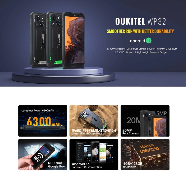 [HK Warehouse] Oukitel WP32, 4GB+128GB, IP68/IP69K, 5.93 inch Android 13 Unisoc Tiger T606 Octa-core, NFC, OTG, Network: 4G(Orange)