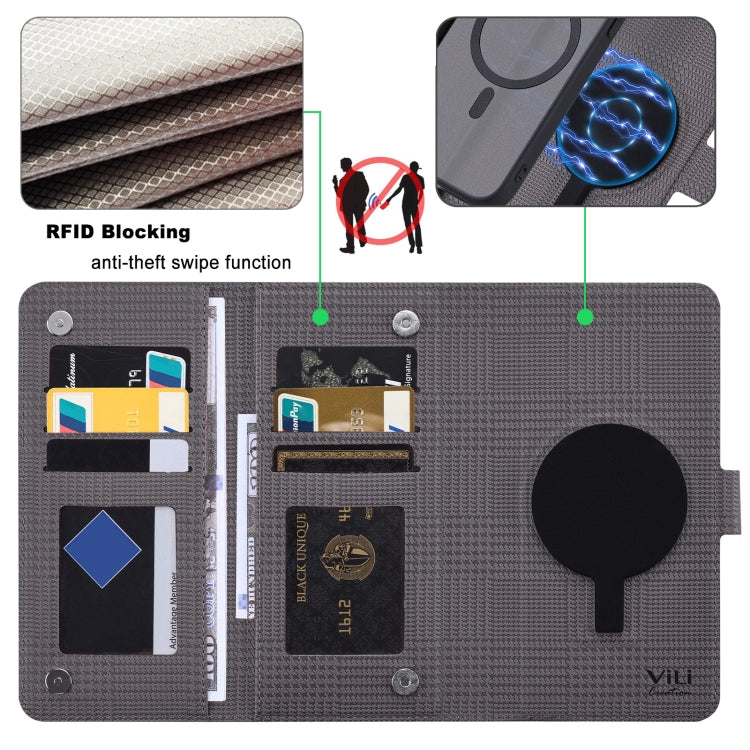 For iPhone 13 Pro Max ViLi GHA Series Shockproof MagSafe RFID Leather Attraction Horizontal Flip Phone Case(Grey)