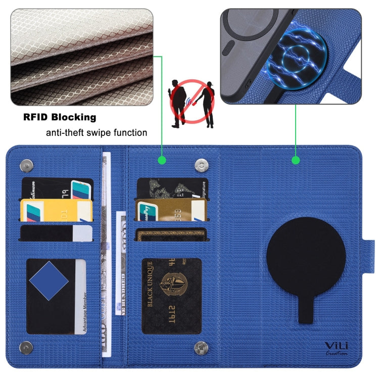 For iPhone 15 Pro Max ViLi GHA Series Shockproof MagSafe RFID Leather Attraction Horizontal Flip Phone Case(Blue)