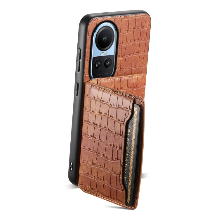 For OPPO Reno10 5G Global Crocodile Texture Card Bag Design Full Coverage Phone Case(Brown)
