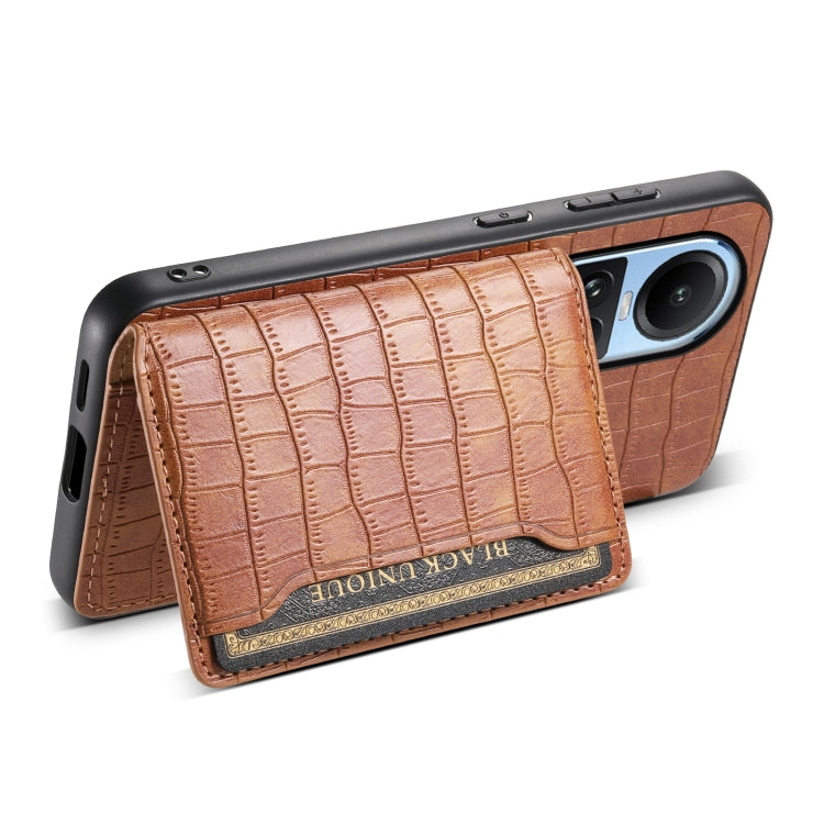 For OPPO Reno10 5G Global Crocodile Texture Card Bag Design Full Coverage Phone Case(Brown)