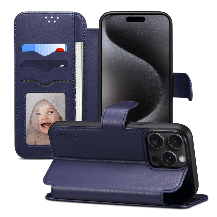 For iPhone 15 Pro ESEBLE E1 Nappa Texture MagSafe Holder Leather Phone Case(Dark Blue)