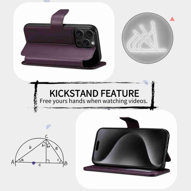 For iPhone 15 Pro ESEBLE E1 Nappa Texture MagSafe Holder Leather Phone Case(Dark Purple)