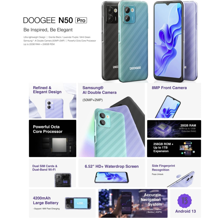[HK Warehouse] DOOGEE N50 Pro, 8GB+256GB, Side Fingerprint, 6.52 inch Android 13 Spreadtrum T606 Octa Core 1.6GHz, Network: 4G, OTG(Green)