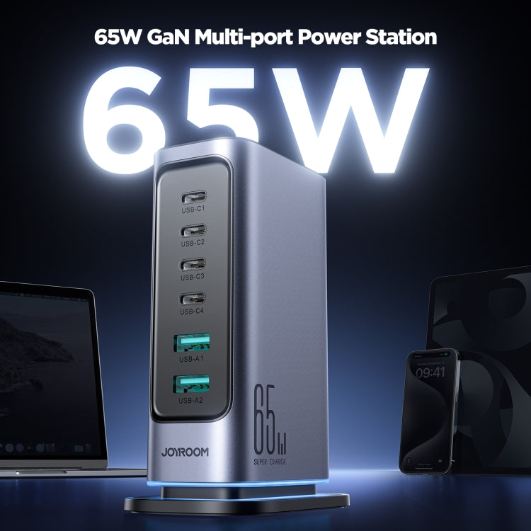 JOYROOM JR-TCM02 6 in 1 65W GaN 4 USB-C & 2 USB-A Multi-port Charger, Power Plug:UK Plug(Dark Gray)