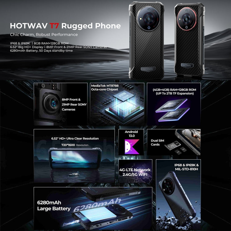 [HK Warehouse] HOTWAV T7 Rugged Phone, 4GB+128GB, 6280mAh, 6.52 inch Android 13 MT8788 Octa Core, Network: 4G, OTG(All Black)