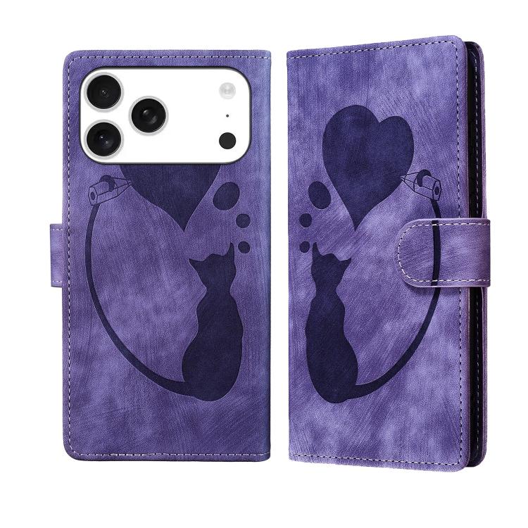 Pen Heart Cat Embossed Leather Phone Case, For iPhone 17 Pro Max, For iPhone 17 Pro, For iPhone 17, For iPhone Air