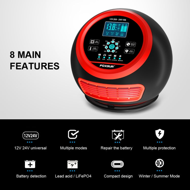 FOXSUR 20A 12V 24V Car / Motorcycle Smart Battery Charger, Plug Type:EU Plug(Red)