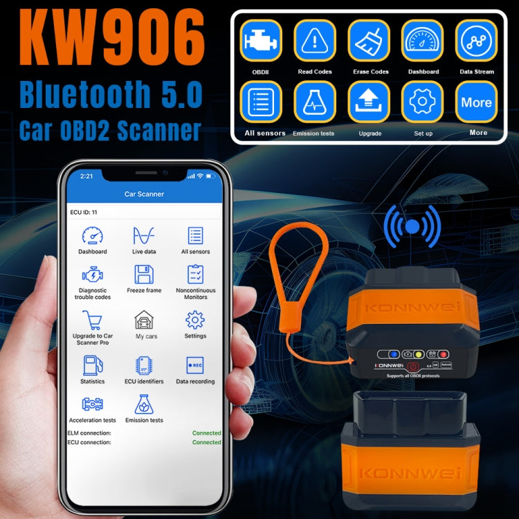 KONNWEI KW906 Bluetooth 5.0 Car OBD2 Scanner Support Android & iOS(Black Red)