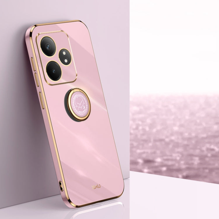 For Realme C65 XINLI Straight Edge 6D Electroplate TPU Phone Case with Ring Holder(Cherry Purple)
