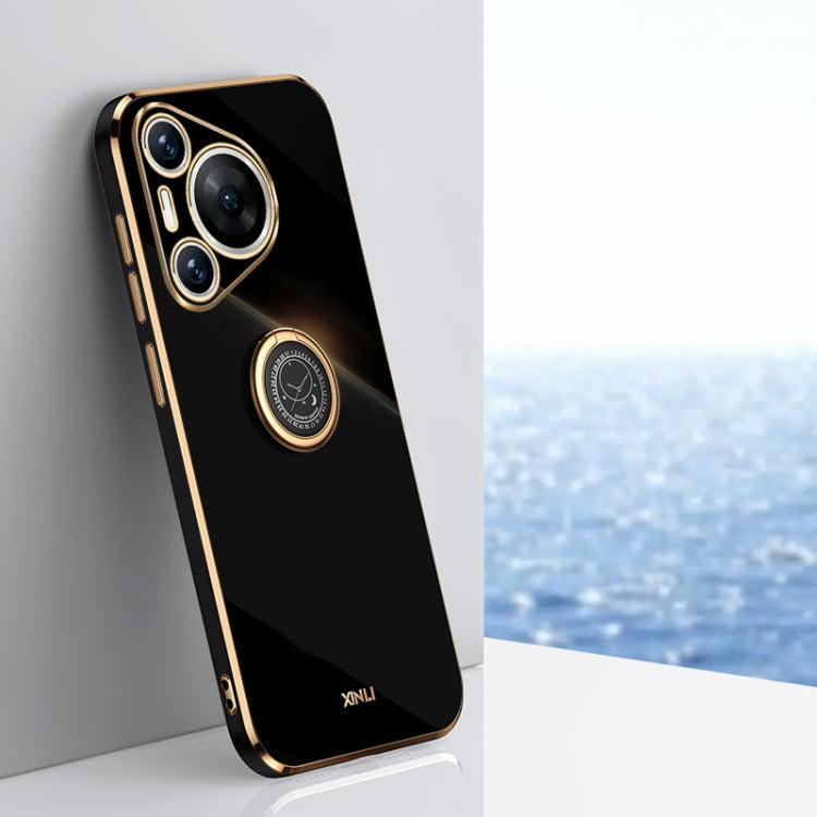 For Huawei Pura 70 XINLI Straight 6D Plating Gold Edge TPU Shockproof Case with Ring Holder(Black)